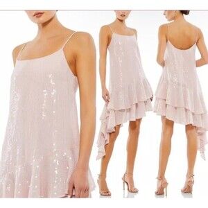$398 IEENA Mac Duggal Size 2 Asymmetric Ruffle Sequin Dress in Rose